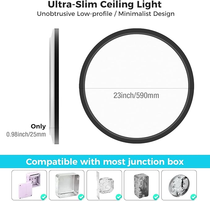 libtit 23 Inch Led Flush Mount Ceiling Light Fixtures, 3 Color Temperature Selectable, Thin Flat Round Lighting Fixture Surface Mount for Office Garage Hallway (Black)