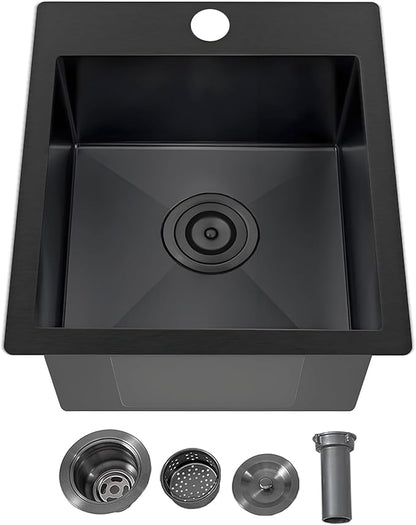 IKEBANA 15x17 Inch Black Bar sink, Drop in Stainless Steel Small Kitchen Sink, Topmount Single Bowl Sinks for Wet Bar RV Outdoor Prep Laundry