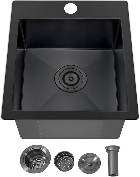 IKEBANA 15x17 Inch Black Bar sink, Drop in Stainless Steel Small Kitchen Sink, Topmount Single Bowl Sinks for Wet Bar RV Outdoor Prep Laundry