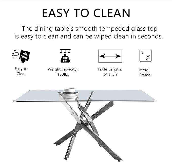 51" Glass Dining Table for 4-6, Modern Dining Room Table with 0.39" Tempered Glass Top and Cross X-Shaped Silver Stainless Steel Base, Rectangle Kitchen Dinner Table for Dining Room