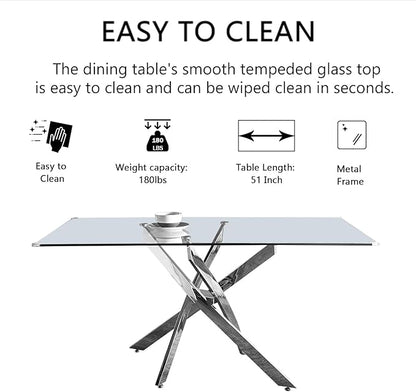 51" Glass Dining Table for 4-6, Modern Dining Room Table with 0.39" Tempered Glass Top and Cross X-Shaped Silver Stainless Steel Base, Rectangle Kitchen Dinner Table for Dining Room