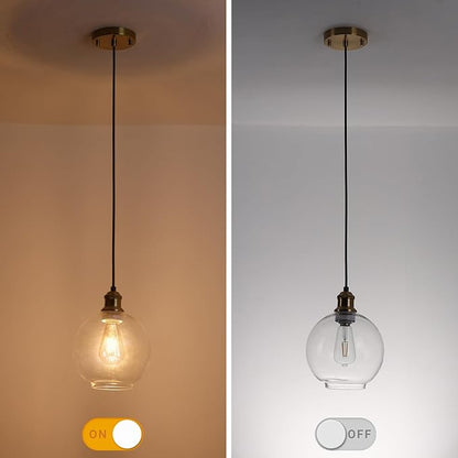Modern Globe Pendant Light, 8 Inch Clear Glass Hanging Lamp with Brushed Gold Finish, Adjustable Cord Ceiling Fixture for Kitchen Island Dining Room Sink, E26 Base