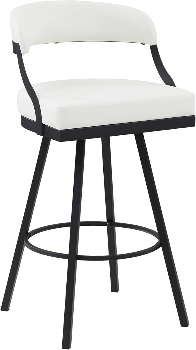 Lexicon Swivel Bar Stools Set of 2 - Bar Height Stools for Kitchen Island, Padded Seat, Open Back, Sturdy Black Metal Frame Finish and White Faux Leather Cushion Seat, White