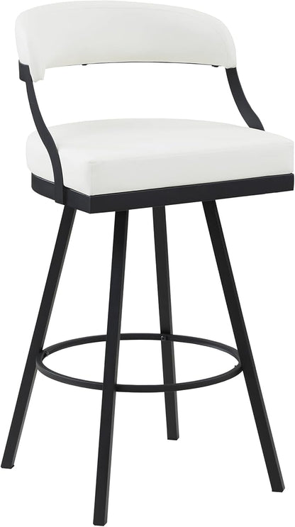 Lexicon Swivel Bar Stools Set of 2 - Bar Height Stools for Kitchen Island, Padded Seat, Open Back, Sturdy Black Metal Frame Finish and White Faux Leather Cushion Seat, White