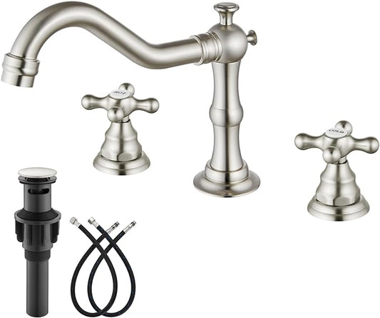 gotonovo Bathroom Faucet 3 Hole 8 Inch Widespread Bathroom Sink Faucet 2 Cross Handles Vintage Lavatory Vanity Mixer Tap with Pop Up Drain, HOT Cold Label, Brushed Nickel