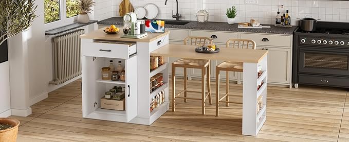 Kitchen Island Console with Storage, White and Natural Wood Top, Extendable Dining Table with Drawers and Shelves, 80.7 x 33.4 x 35.3 Inches (White)
