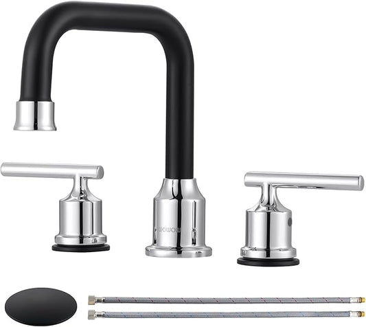 WOWOW Black and Chrome Bathroom Sink Faucet, Widespread Bathroom Faucet 3 Hole Vanity Tap 8 Inch Bathroom Tap with Pop Up Drain Assembly & cUPC Supply Lines, 2 Handle Basin Faucet Modern