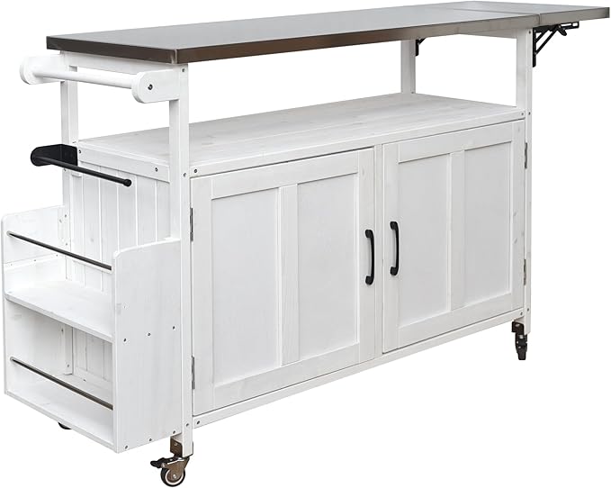 JIJIWANG 60.6" Mobile Kitchen Storage Island with Storage Cabinet and Towel Rack, Foldable Outdoor Kitchen Island with Stainless Steel Top and Lockable Wheels for Patio and Outdoor White