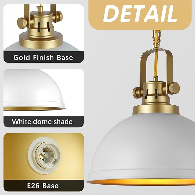 White and Gold Pendant Lights Kitchen Island 2 Pack, Modern Matte White Dome Pendant Lighting Industrial Light Fixture for Kitchen Living Dining Room Restaurant Hallway Entrance