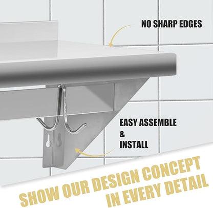 Hally Stainless Steel Shelf with 9 Hooks 18" x 60" Wall Mounted Pot Rack 450lb, NSF Commercial Floating Shelving for Storage Hanging Pots, Pans, cookware in Restaurant, Kitchen, Home and Hotel