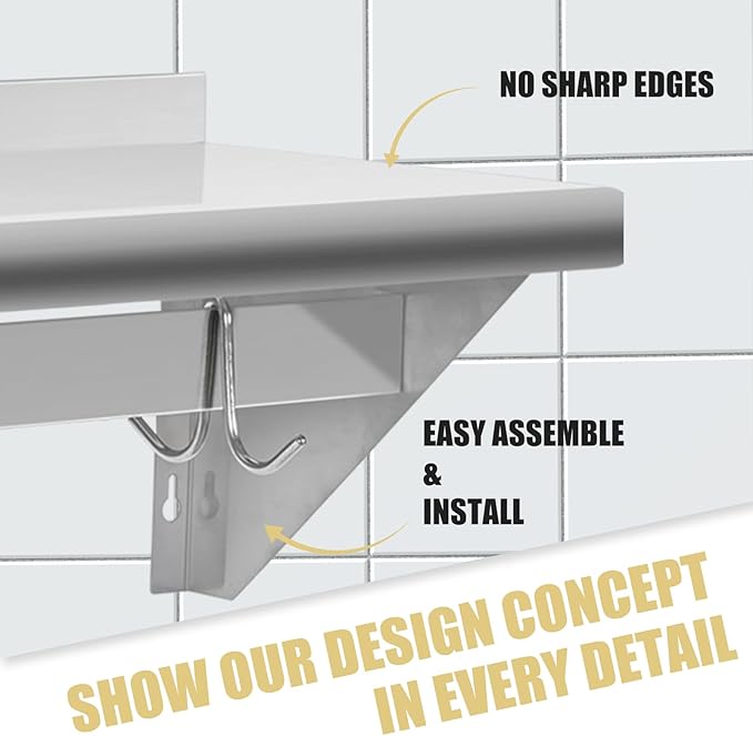Hally Stainless Steel Shelf with 6 Hooks 12" x 48" Wall Mounted Pot Rack, NSF Commercial Floating Shelving for Storage Hanging Pots, Pans, cookware in Restaurant, Kitchen, Home and Hotel