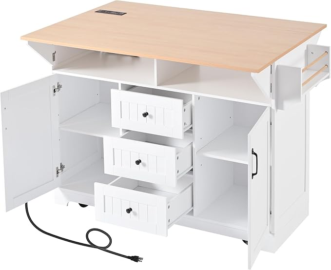 55.7'' Large kitchen Island with 2 Drop Leaf and Power Outlet, Rolling Kitchen Islands on Wheels with 3 Drawers and Storage Cabinet, Folding Dining Table with Spice & Towel Rack for Dining Room White