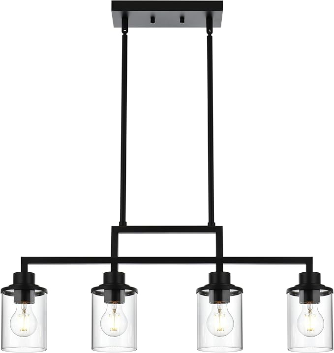 4-Light Dining Room Light Fixture, Linear Kitchen Island Lighting Black Chandelier Farmhouse Pendant Lighting for Kitchen Island Dining Table Living Room, Height Adjustable