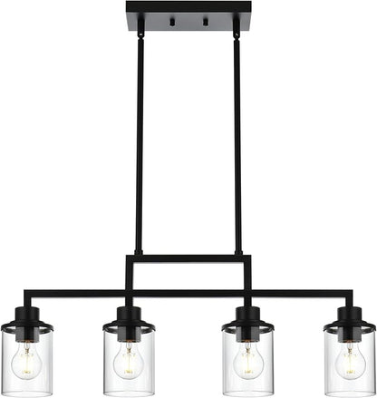 4-Light Dining Room Light Fixture, Linear Kitchen Island Lighting Black Chandelier Farmhouse Pendant Lighting for Kitchen Island Dining Table Living Room, Height Adjustable