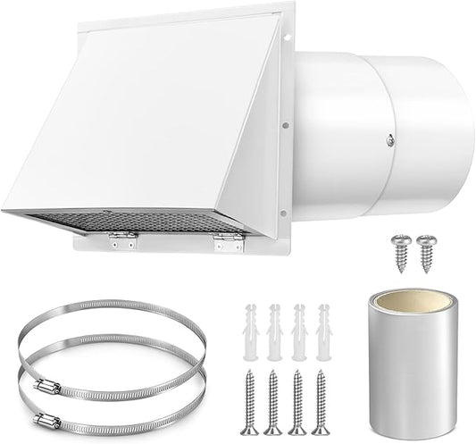 6 Inch Hooded Wall Vent Cover with Screen and Damper Galvanized Steel for Kitchen Range Hood Dryer Bathroom Exhaust, White