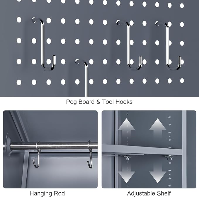GREATMEET 72.8" H Tall Metal Garage Storage Cabinet for Cleaning Tools, Lockable Double Door Utility Organizer with Pegboard & Tool Hanging Bars, Grey