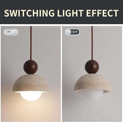 Japanese Wabi sabi Pendant Light with Natural Stone Shade, Dimmable Modern Wood Hanging Lamp Fixture, Adjustable Height Pendant Lamp for Bedroom, Kitchen Island, Dining Room, Restaurant, Cafe, Bar (I)