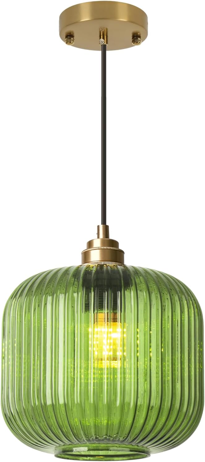 Modern Pendant Light, 7.9 Inch Globe Farmhouse Pendant Fixture with Striped Glass Shade, Adjustable Height Ceiling Light for Kitchen Island, Dining Room, Living Room, Bedroom, Entryway