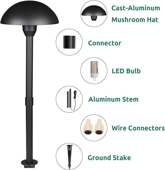 Lumina Lighting® Low Voltage Landscape Lighting Cast-Aluminum Path and Area Light Warm White 3W G4 LED Bulb and ABS Ground Stake Included for Yard Walkway Lawn PAL0107-BkLED6 (Black,6-Pack)