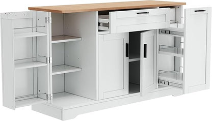 Sideboard Buffet Cabinet with 3-Tier Pull-Out Rack, Multi-Functional Kitchen Island with Adjustable Shelves and Drawers, Wood Buffet Table for Kitchen, Dining Room, Living Room, White
