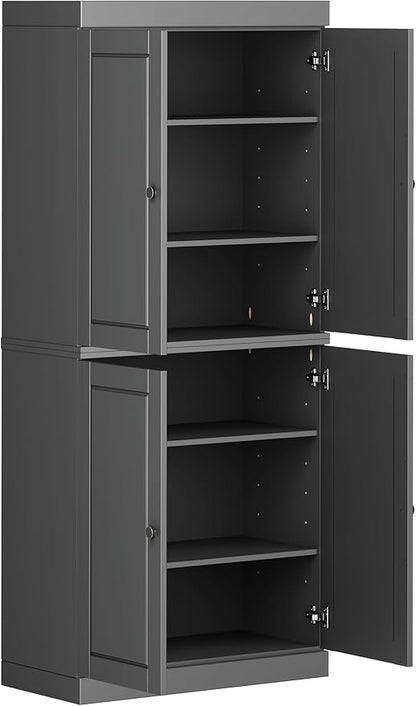 Palace Imports Solid Wood Kitchen Pantry Cabinet - 71.5" Tall x 32" Wide - Wooden Storage Cabinet with 4 Doors & Adjustable Shelves, Gray, 100% Renewable Eco-Friendly Wood, Made in Brazil