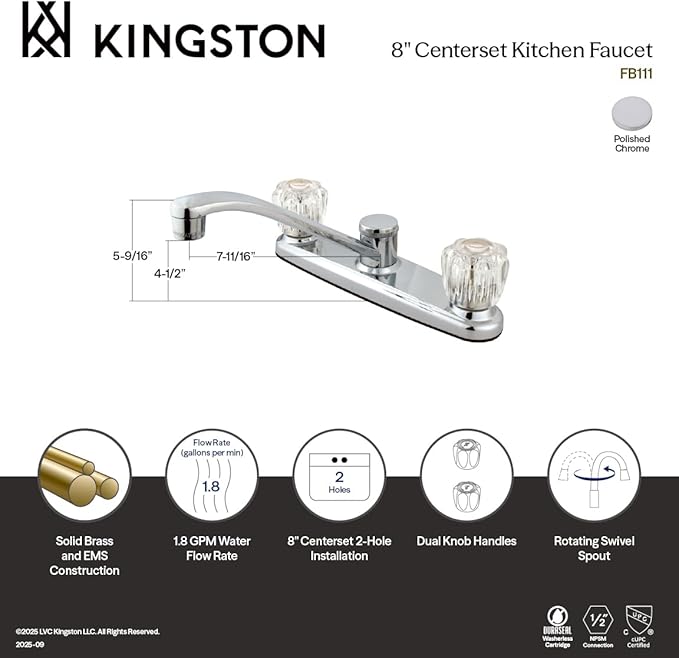 Kingston Brass FB111 7-5/8-Inch in Spout Reach Americana 8-Inch Kitchen Faucet Without Sprayer, Polished Chrome