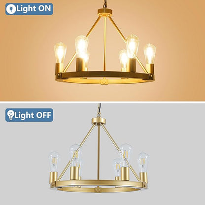 9MMML Gold Wagon Wheel Chandelier, 6-Light Industrial Pendant Light, 20'' Farmhouse Ceiling Hanging Chandelier Light Fixture for Living Room, Bedroom, Entryway, Foyer