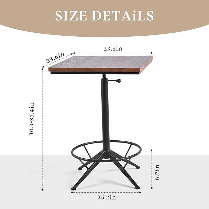 Industrail Metal Frame Wood top Square Kitchen Dining Table,Adjustable 23.62"*23.62"* H30.31-34.43"