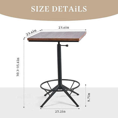 Industrail Metal Frame Wood top Square Kitchen Dining Table,Adjustable 23.62"*23.62"* H30.31-34.43"