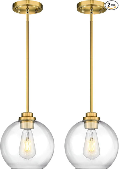 2 Pack Pendant Lights Kitchen Island, 8" Gold Pendant Light Fixtures with Globe Clear Glass Shade, Modern Brass Kitchen Island Lighting for Bathroom, AD-22280-2PL-GD