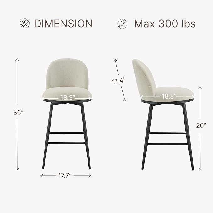 KISLOT Counter Height Swivel Bar Stools Set of 3, 26" Upholstered Linen Fabric Barstools with Backs and Metal Legs for Kitchen Island,Linen