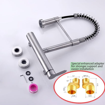 Wall Mount Faucet 8 Inches Center, with Pull Down Sprayer, High Arc Single Handle Spring Kitchen Sink Faucets, Grifos De Cocina, Brushed Nickel
