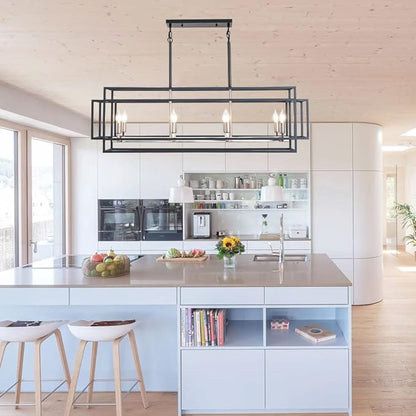 8-Light Kitchen Island Lighting, Black and Sliver Rectangle Chandeliers for Dining Room, Metal Farmhouse Dining Room Light Fixtures Over Table, Linear Chandelier with Brushed Nickel Socket