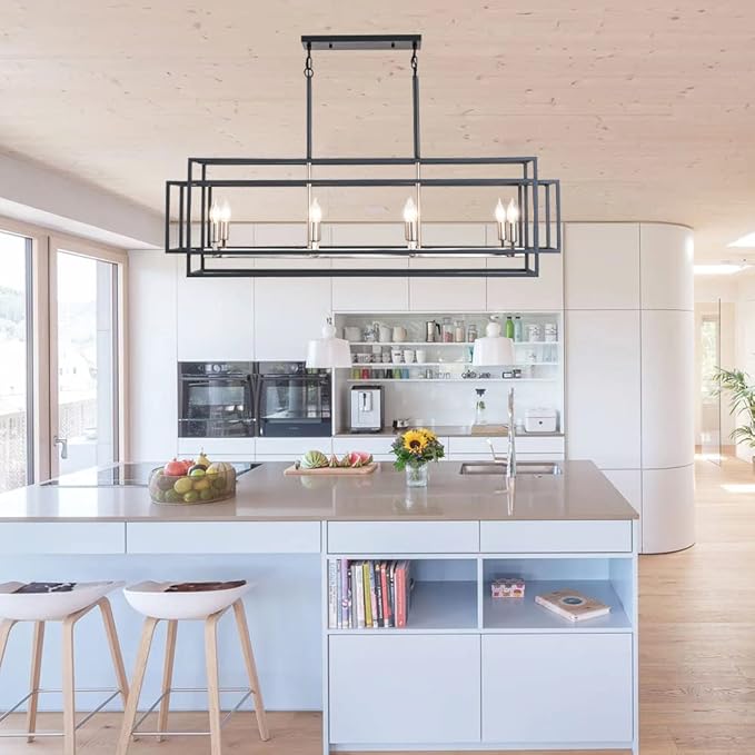 WJShome Kitchen Island Lighting, 8-Light Farmhouse Chandeliers for Dining Room, Modern Dining Room Light Fixtures Over Table, Linear Pendant Lights Kitchen Island（Black & Brushed Nickel）