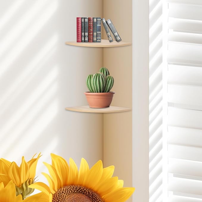 JJL Corner Wall Shelf, 12-Inch Sector Shelf, Set of 2 Wooden Hanging Shelves With Wire Hole for Bedroom Decoration, Light White