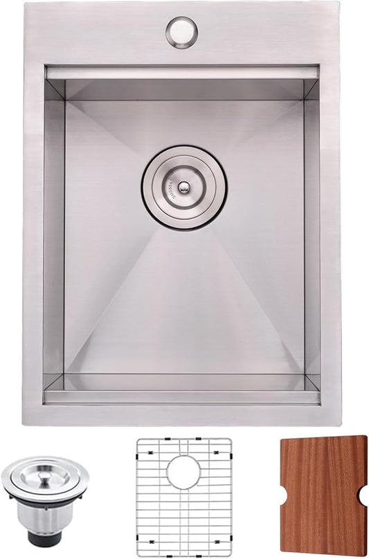 KINGO HOME Drop in Bar Sink, 15 x 20 Inch Single Bowl Small Kitchen Sink,304 Stainless Steel Topmount Wet Bar Sink Prep Sink With Grid&Drainer&Cutting Board