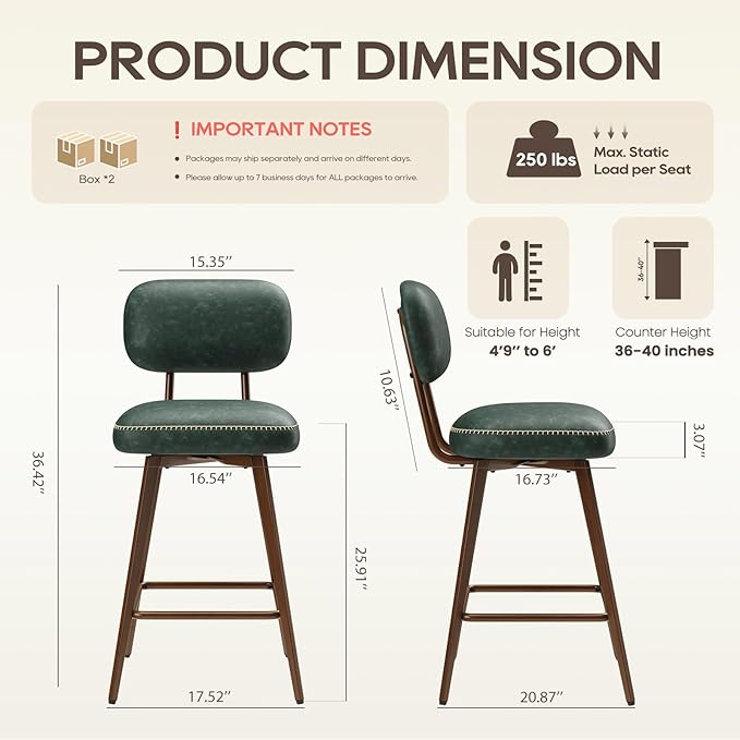 MALOL 26“ PU Leather Swivel Bar Stools Set of 4, Mid Century Counter Height Bar Chairs with Low Back and Metal Legs, Modern Bar Stool Chair for Kitchen Island, Green