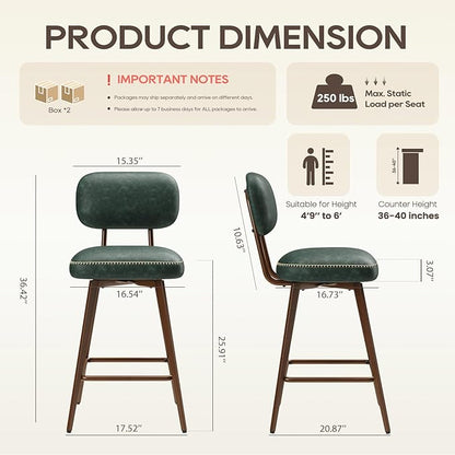 MALOL 26“ PU Leather Swivel Bar Stools Set of 4, Mid Century Counter Height Bar Chairs with Low Back and Metal Legs, Modern Bar Stool Chair for Kitchen Island, Green