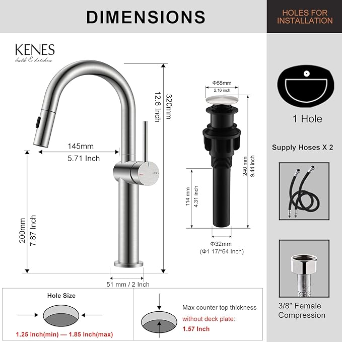 KENES Tall Bathroom Faucets with Pull Down Sprayer, Brushed Nickel Vessel Sink Faucet with Pull Out Sprayer, Single Handle Vanity Faucet 1 Hole with Pop Up Drain & Supply Lines, LJ-9065A