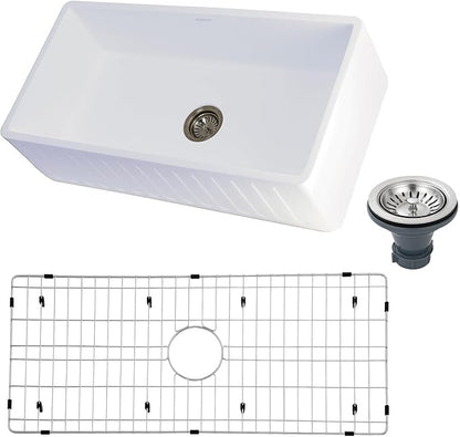 Gourmetier KGKFA361810RM 36-Inch x 18-Inch Single Bowl Apron-Front Farmhouse Kitchen Sink with-Drain and-Rack, Matte White/Brushed