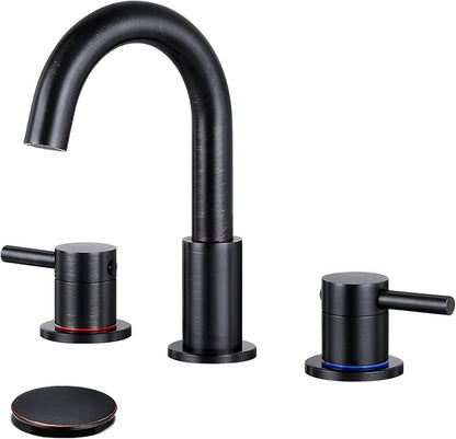 FGKQ Oil Rubbed Bronze Bathroom Faucet for Sink 3 Hole, Bathroom Sink Faucet with Pop Up Drain, 8 Inch Widespread Vanity Faucet 3 Hole, 360° Swivel Two Handle with Supply Lines