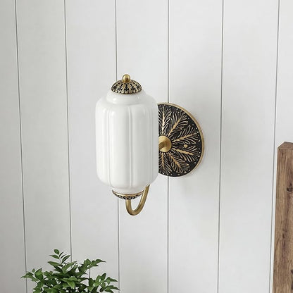 Vintage Milk White Glass Wall Sconce - Milk Glass Shade Antique Brass Indoor Wall Light for Bedroom, Living Room, and Hallway