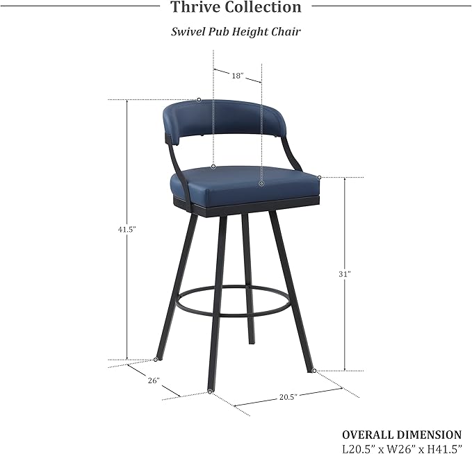 Lexicon Swivel Bar Stools Set of 2 - Bar Height Stools for Kitchen Island, Padded Seat, Open Back, Sturdy Black Metal Frame Finish and Blue Faux Leather Cushion Seat, Blue