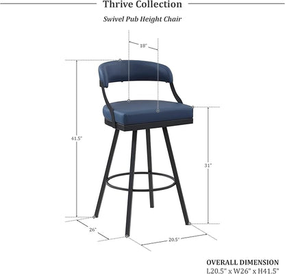 Lexicon Swivel Bar Stools Set of 2 - Bar Height Stools for Kitchen Island, Padded Seat, Open Back, Sturdy Black Metal Frame Finish and Blue Faux Leather Cushion Seat, Blue
