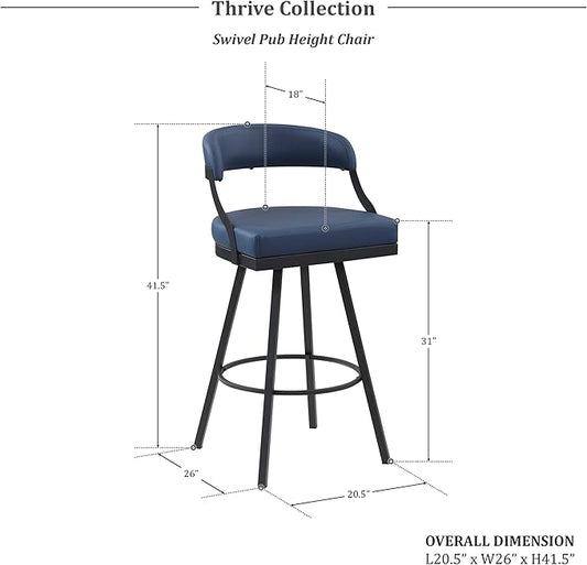 Lexicon Swivel Bar Stools Set of 2 - Bar Height Stools for Kitchen Island, Padded Seat, Open Back, Sturdy Black Metal Frame Finish and Blue Faux Leather Cushion Seat, Blue