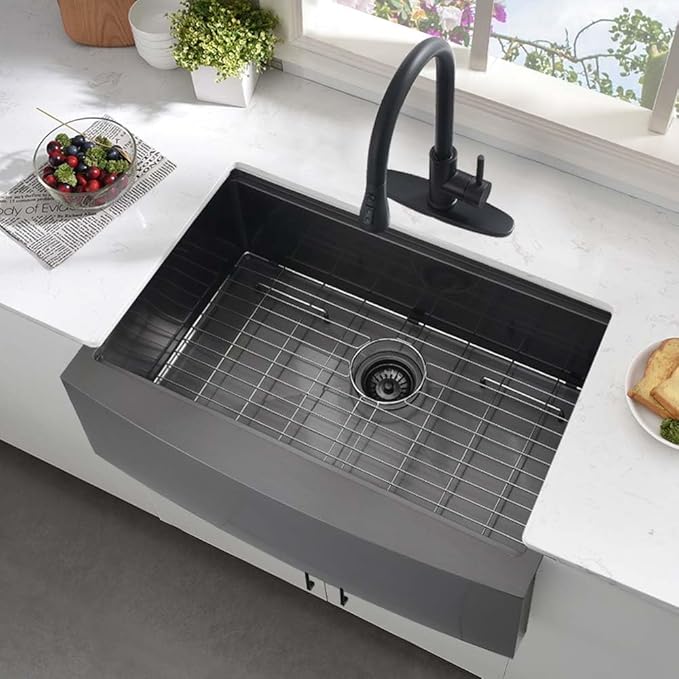 33 Inch Black Farmhouse Sink Workstation-Hovheir 33x21 Farmhouse Kitchen Sink Black Stainless Steel Apron Front 16 Gauge Single Bowl Deep Kitchen Farm Sink with Cutting Board