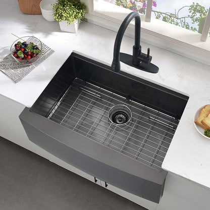 33 Inch Black Farmhouse Sink Workstation-Hovheir 33x21 Farmhouse Kitchen Sink Black Stainless Steel Apron Front 16 Gauge Single Bowl Deep Kitchen Farm Sink with Cutting Board