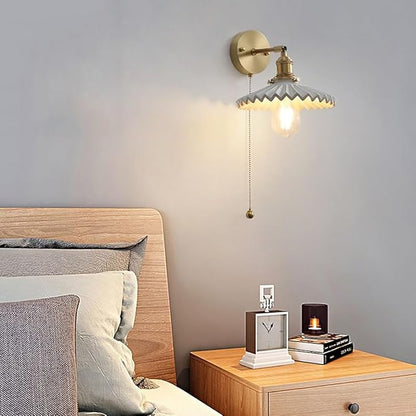 Ceramic Wall Lamp Vintage Wall Light Fixtures with Pull Chain Switch Gold Brass Sconces Wall Lighting White Small Wall Sconce Light for Bedroom Kitchen Study Aisle