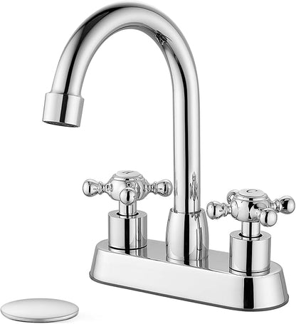 4 Inch Centerset Bathroom Faucets Double Cross Handle Bathroom Sink Faucet Deck Mounted Vintage RV Farmhouse Vanity Basin Mixer Tap with Pop up Drain,Polish Chrome