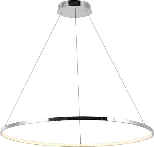 JONATHAN Y 35" Chrome Modern Integrated LED Pendant Light, Dimmable Round Hoop Chandelier for Kitchen Island, Dining Room, Adjustable Height Metal Hanging Light (JYL7220C)